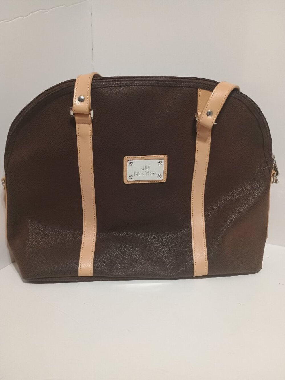 JM New York Brown Pebbled Faux Leather Large Dome Tote Shoulder Bag Beige Trim - Picture 5 of 11